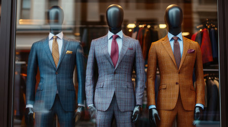 Modern mannequins dressed in professional business suits, featuring diverse cuts, colors, and accessories in a display windowの素材