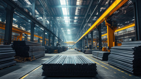 High stacks of steel beams in an expansive industrial warehouse, illustrating large-scale construction and manufacturing operationsの素材