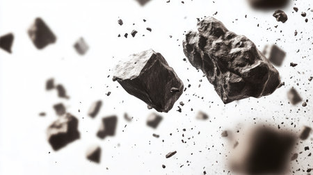 White background with flying stones and dust particles, frozen in a dramatic mid-air motion for a dynamic visual effect.の素材
