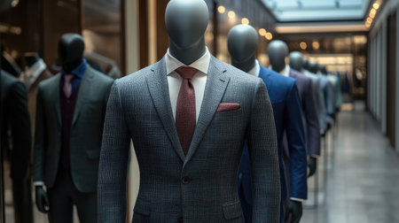 Mannequins dressed in sharp business suits, showcasing various styles and colors in a modern retail display setting.の素材