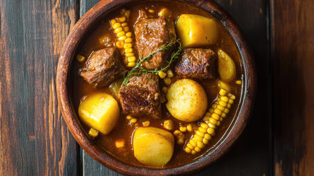 Top view of a hearty bowl of Colombian sancocho, featuring meat, corn, and potatoes, perfect for a traditional, comforting meal.の素材