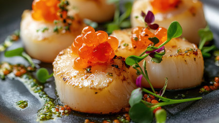 Detail shot of fried scallops garnished with vibrant orange caviar and delicate microgreens, presented in an elegant arrangement.の素材