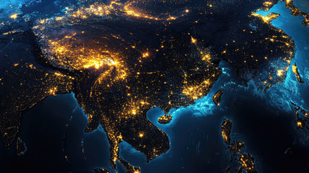 Satellite image of Asia at night, with bright city lights sprawling across the region, showing its dynamic urban life.の素材
