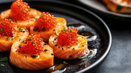 Close-up of salmon carpaccio garnished with red caviar and pumpkin on a sleek black plate, emphasizing the gourmet dish.の素材