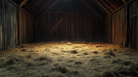 Empty barn with worn wooden walls and hay scattered on the floor, evoking a nostalgic, farm-like feel.の素材
