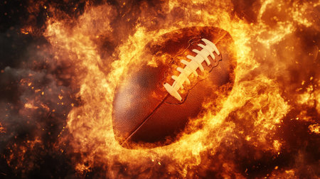 A football passes through a chaotic inferno of fire and smoke, symbolizing the intensity and action of the game in a dramatic visualの素材