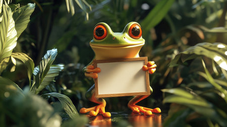 A jungle-themed illustration with a happy cartoon frog holding a blank signboard, surrounded by tropical plants.の素材