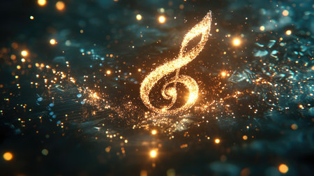 Sparkling, glowing musical note floating in mid-air, surrounded by light trails and glimmering stars, representing a melody in motion.の素材