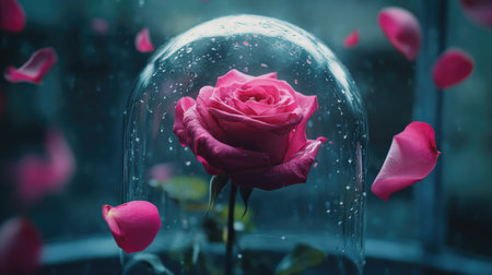 A magical rose encased in a glass dome, with falling petals symbolizing time's passage, captured in an enchanting close-upの素材
