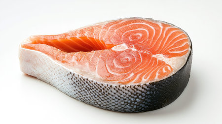 Salmon steak with skin displayed against a white background, highlighting the raw, unseasoned cut ready for culinary preparation.の素材