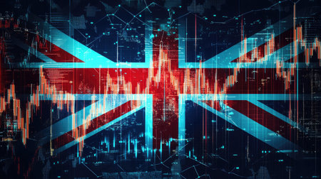 A fusion of the UK flag and fluctuating stock charts, symbolizing the connection between global markets and the UK economy.の素材
