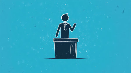 A confident stick figure stands at a podium, addressing an audience, symbolizing leadership, public speaking, and taking charge.の素材