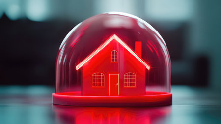Red dome encapsulating a house, representing an advanced alarm system protecting the home from intruders, with an isolated backdrop.の素材