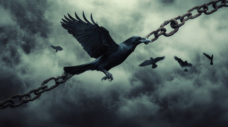 A single crow flies through the air, breaking free from rusty metal chains, with dark clouds and other crows swirling around.の素材