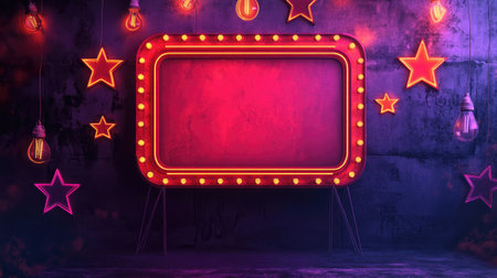 Vector marquee with a red frame, illuminated by neon bulbs and surrounded by stars, set against a wall background for cinema-themed designs.の素材