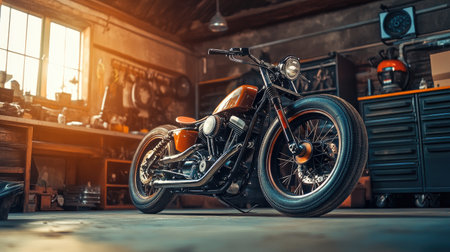 Retro-style custom Bobber motorbike in an authentic garage, highlighted by warm lighting, representing creativity and craftsmanship.の素材