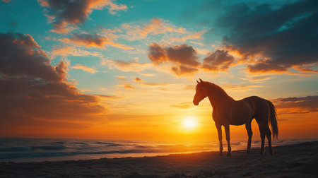 Sunset beach scene with a brown horse standing still, framed by a soft, glowing sky of blues and oranges.の素材