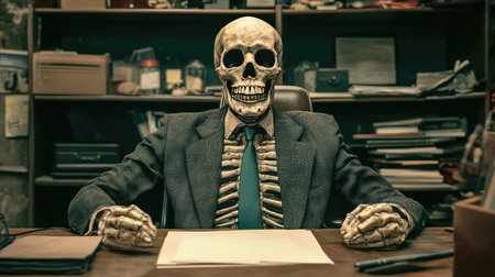 Office scene with a skeleton in a suit and tie sitting at a desk, evoking the perils of overwork.の素材