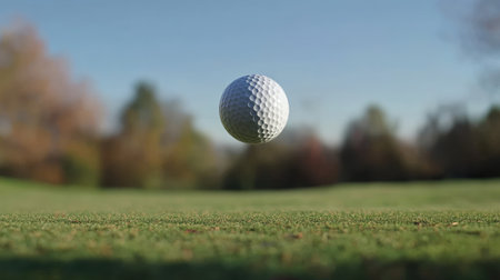 Close-up of a golf ball suspended in the air, mid-flight, following a strong swing, showing the ball's trajectory over the golf course.の素材