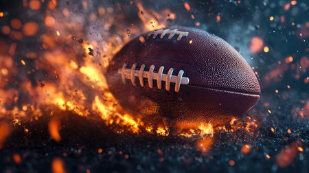 A football surrounded by glowing sparks and fiery embers, creating a dynamic and dramatic close-up scene on a dark backdrop.の素材