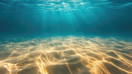Seabed of golden sand beneath a calm, tropical ocean, illuminated by the summer sun, casting beautiful light patterns underwater.の素材