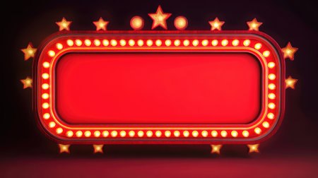 A bold red marquee frame with neon bulbs and decorative stars, providing a stylish and glowing template for cinema or theater promotions.の素材