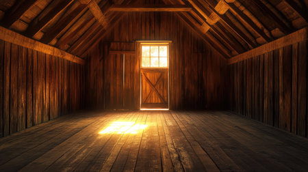 Light from the barn entrance casts a warm glow on the wooden interior, creating a peaceful and inviting scene of the empty space.の素材