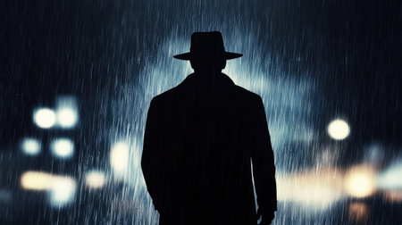 A dramatic silhouette of a dangerous man in a hat, standing under pouring rain at night in the city, evoking an old crime noir atmosphereの素材