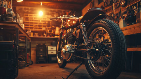 Vintage Bobber motorbike in an authentic workshop, with warm lighting illuminating the intricate details of its custom build.の素材