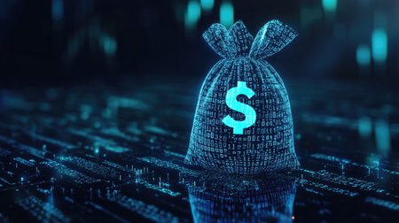 A virtual money bag with a dollar sign floating above binary code, highlighting AI role in modern financial transactions.の素材