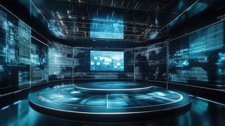 A sleek, high-tech stage with digital elements, offering a contemporary backdrop for futuristic presentations.の素材