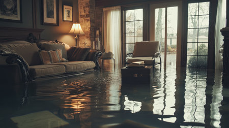 A serene yet eerie flooded living room scene with water reflections, emphasizing the protection offered by home insurance.の素材
