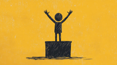 A stick figure at a podium stands tall, arms raised as if delivering an inspiring speech, symbolizing leadership and public addressの素材