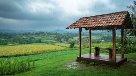 A wooden shelter provides cover from heavy rain, overlooking lush green farmland, highlighting rural life.の素材