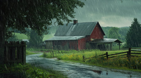 Rain-soaked farm with shelter in the foreground, offering a peaceful view of nature during heavy rainfall.の素材