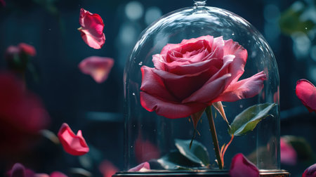 Close-up of a rose encased in a glass dome, petals gently falling, evoking a sense of enchantment and timeless beautyの素材