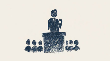 Simple stick figure at a podium, confidently addressing an invisible crowd, representing themes of leadership and communication.の素材