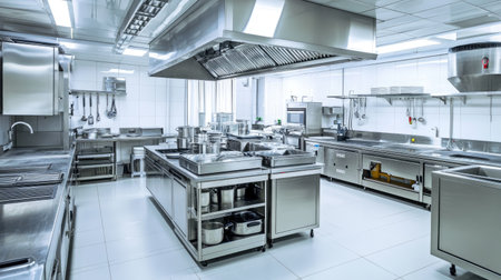 Immaculate commercial kitchen, emphasizing cleanliness with food safety certification, ready for food preparation.の素材