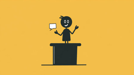 Stick figure standing at a podium, gesturing with one hand while delivering a speech, a minimalist representation of public speaking.の素材