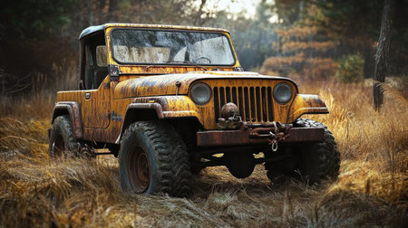 A rusty vintage off-road vehicle with a rugged design, sitting in a natural setting, perfect for adventure and exploration themes.の素材