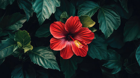 A striking red hibiscus flower with delicate petals and vibrant green leaves, framed perfectly for a nature-inspired shot.の素材