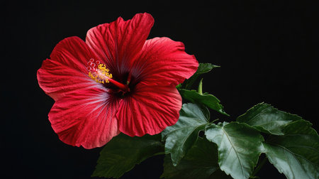 A vivid red hibiscus flower with detailed petals and rich green leaves, ideal for highlighting natural beauty and floral photography.の素材