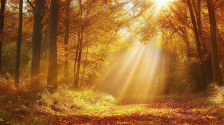 Golden rays of autumn sunlight shine through the trees, highlighting a peaceful forest blanketed with leaves.の素材