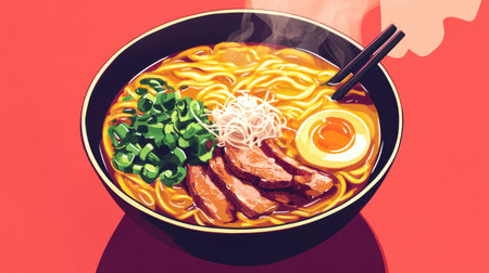 Delicious ramen bowl filled with steaming noodles, tender pork, and vibrant greens, ready to satisfy food cravingsの素材
