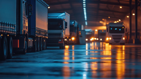 Trucks line up in a dimly lit warehouse, illuminated by warm lights, showcasing logistics and transportation in a nighttime settingの素材