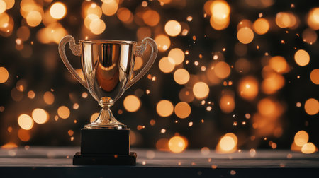 Gleaming trophy on a table, with warm, blurred lights in the background, representing triumph and celebration.の素材