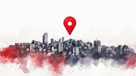 Artistic watercolor depiction of a cityscape with a bold red pin overhead, representing urban navigation and mapping in modern citiesの素材