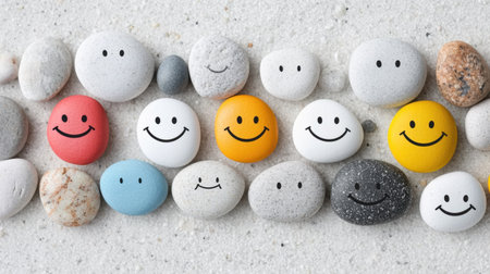 This image features a delightful arrangement of stones with smiling faces showcasing various expressions on a light background, perfect for evoking joy.の素材