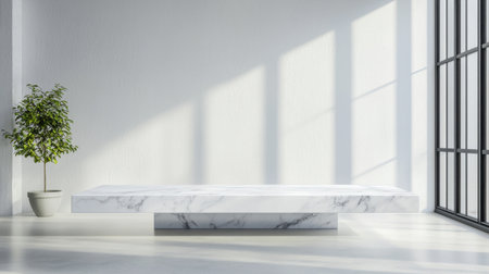A serene minimalist interior featuring a sleek marble table illuminated by natural light from large windows, complemented by a small indoor plant, creating a tranquil atmosphere.の素材