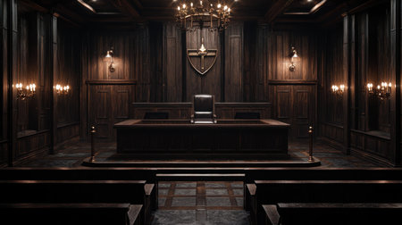 This image features an elegant courtroom with dark wood paneling and a grand judge's chair. The ambiance created by candlelight adds a solemn, historic feel to the space.の素材